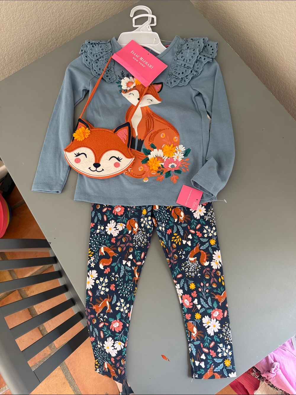 Isaac Mizrahi Blue Fox Floral Pajama Set with Orange Fox Purse